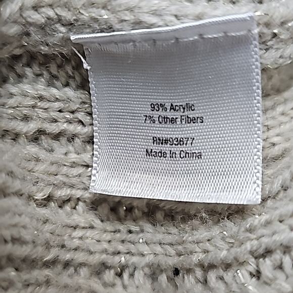 Womens Sz XL Tan Silver Metallic Thread Cable Knit V-neck Tunic Sweater - Picture 11 of 13